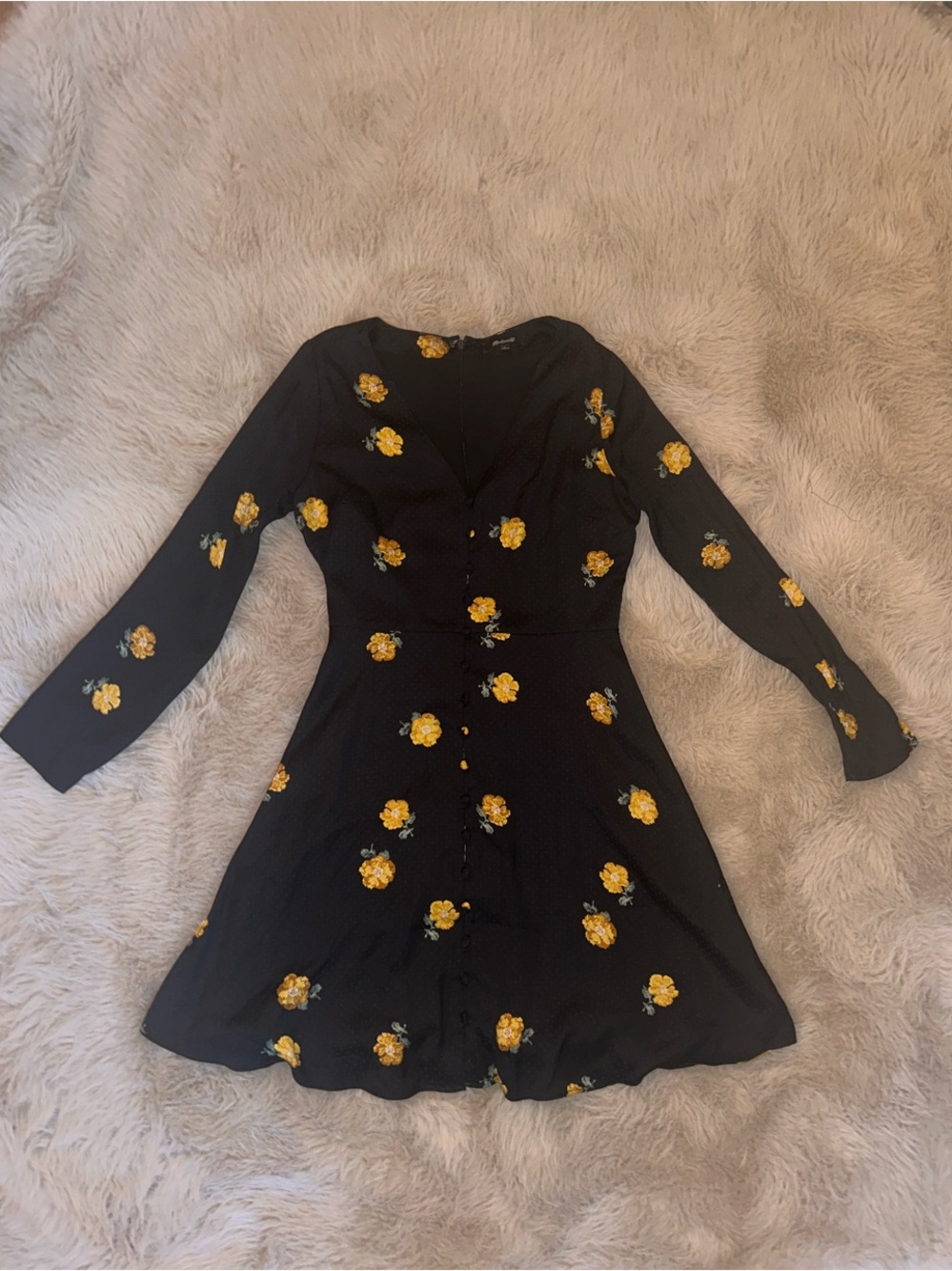 Black Floral Button-Front Long Sleeve Dress - Yellow Flower Print
